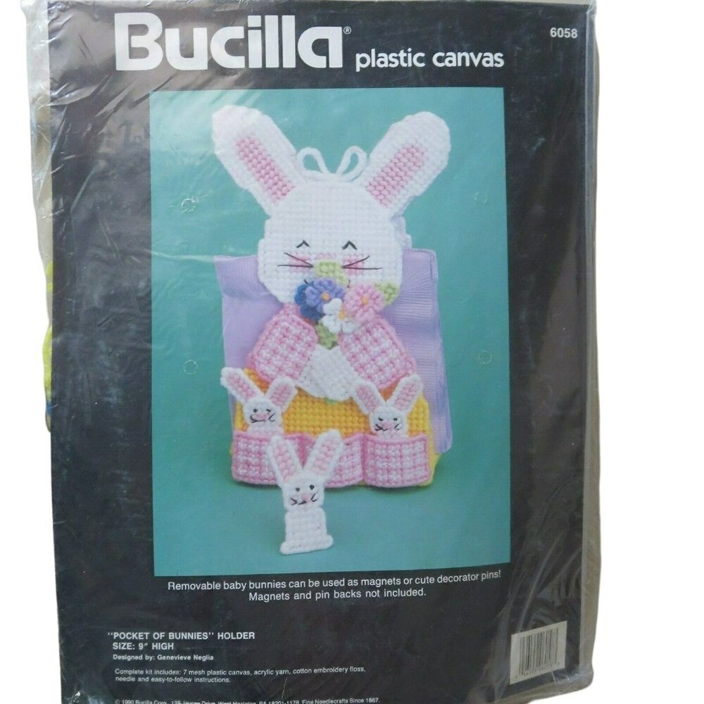 Vintage Bucilla "Pocket of Bunnies" Plastic Canvas Kit #6058 Wall Holder DIY